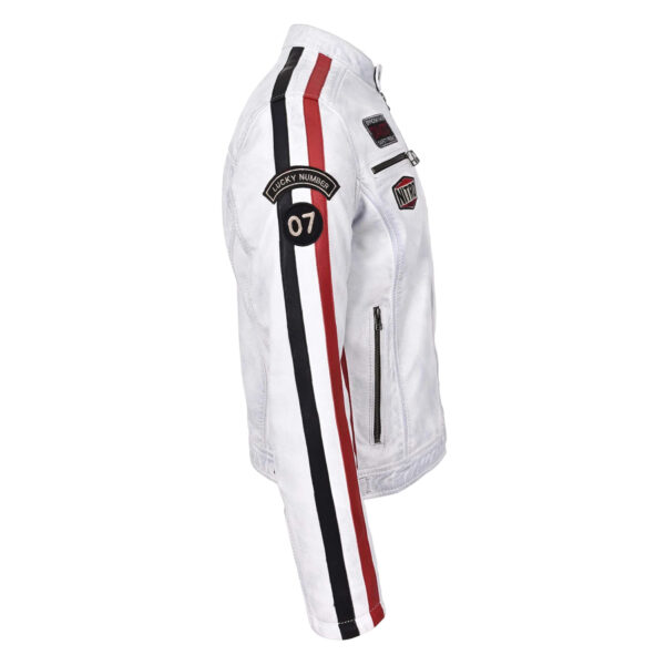 WeeBroz Men's Vintage White Leather Biker Jacket Motorsports Logos Style - Image 4