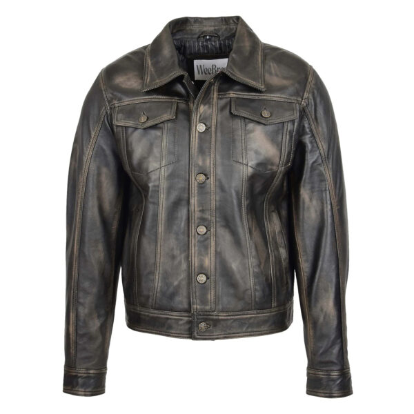 WeeBroz Men's Black Rub Off Leather Biker Jacket Rider Casual Style - Image 1