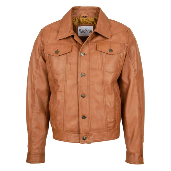 WeeBroz Men's Tan Leather Biker Jacket Casual Racer Style - Image 1