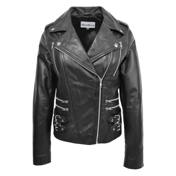 WeeBroz Women's Black Leather Biker Jacket Fashion Cross Zip Style - Image 1
