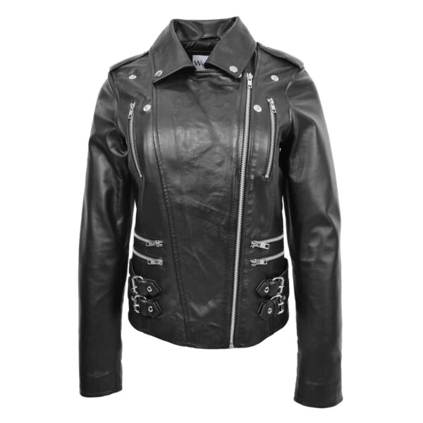 WeeBroz Women's Black Leather Biker Jacket Fashion Cross Zip Style - Image 3