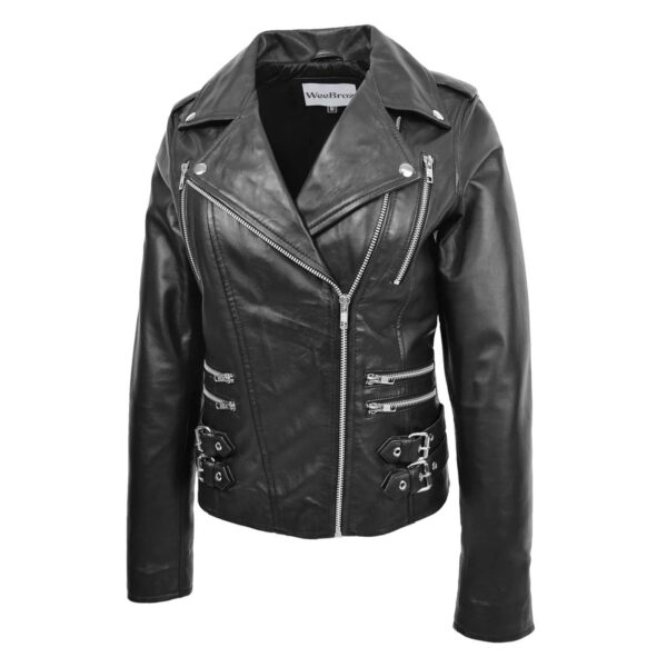 WeeBroz Women's Black Leather Biker Jacket Fashion Cross Zip Style - Image 4