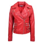 WeeBroz Women's Red Leather Biker Jacket Fashion Cross Zip Style