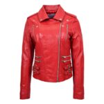 WeeBroz Women's Red Leather Biker Jacket Fashion Cross Zip Style - Image 3