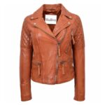 WeeBroz Women's Tan Leather Biker Jacket Zipper Punk Style