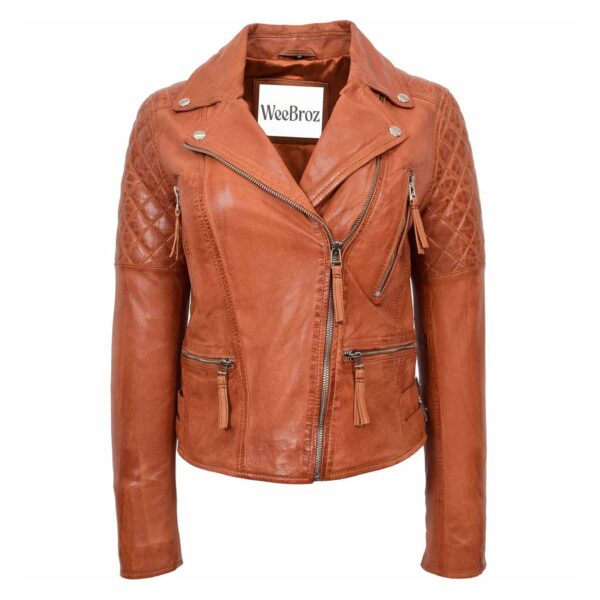 WeeBroz Women's Tan Leather Biker Jacket Zipper Punk Style - Image 1