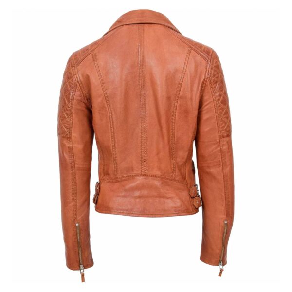 WeeBroz Women's Tan Leather Biker Jacket Zipper Punk Style - Image 2