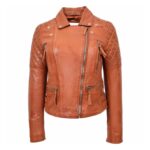 WeeBroz Women's Tan Leather Biker Jacket Zipper Punk Style - Image 3