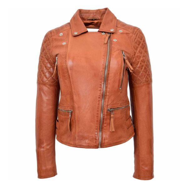 WeeBroz Women's Tan Leather Biker Jacket Zipper Punk Style - Image 3