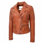 WeeBroz Women's Tan Leather Biker Jacket Zipper Punk Style - Image 4