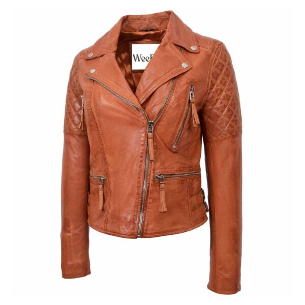 WeeBroz Women's Tan Leather Biker Jacket Zipper Punk Style - Image 4