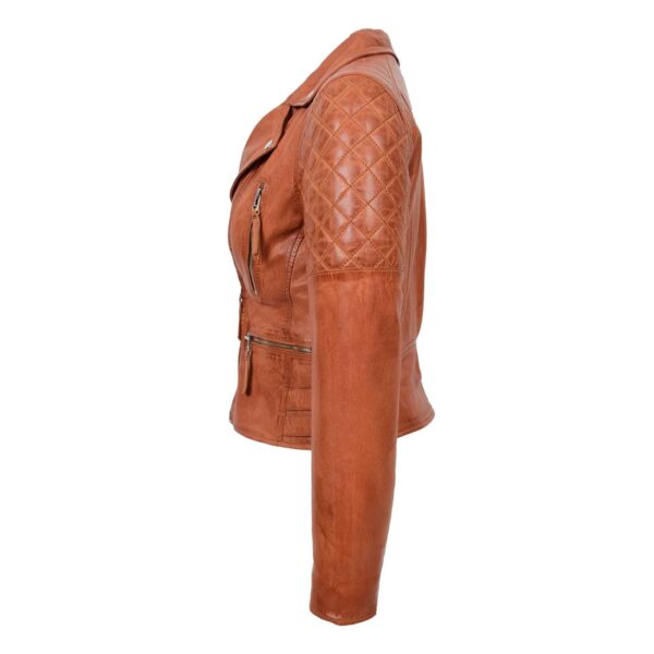 WeeBroz Women's Tan Leather Biker Jacket Zipper Punk Style - Image 5