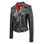 WeeBroz Women's Black Leather Biker Jacket Asymmetrical Zip Style - Image 4