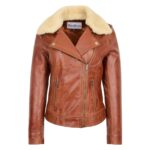WeeBroz Women's Tan Soft Leather Biker Jacket Detachable Collar Style
