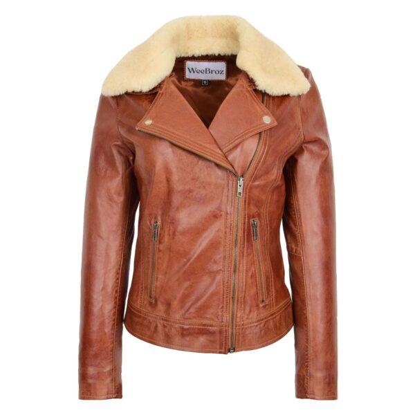WeeBroz Women's Tan Soft Leather Biker Jacket Detachable Collar Style - Image 1