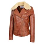 WeeBroz Women's Tan Soft Leather Biker Jacket Detachable Collar Style - Image 4