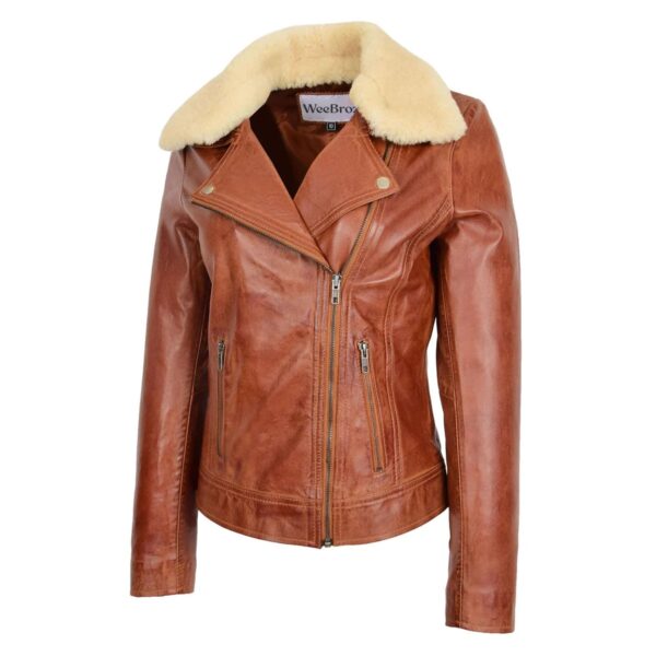 WeeBroz Women's Tan Soft Leather Biker Jacket Detachable Collar Style - Image 4