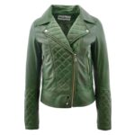 WeeBroz Women's Green Leather Biker Jacket Quilt Detail Style