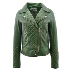 WeeBroz Women's Green Leather Biker Jacket Quilt Detail Style