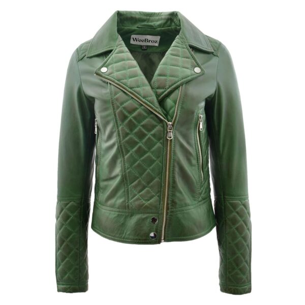 WeeBroz Women's Green Leather Biker Jacket Quilt Detail Style - Image 1