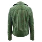 WeeBroz Women's Green Leather Biker Jacket Quilt Detail Style - Image 2