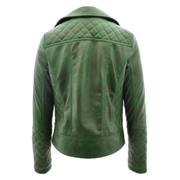 WeeBroz Women's Green Leather Biker Jacket Quilt Detail Style - Image 2