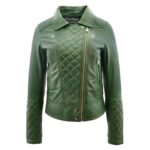 WeeBroz Women's Green Leather Biker Jacket Quilt Detail Style - Image 3