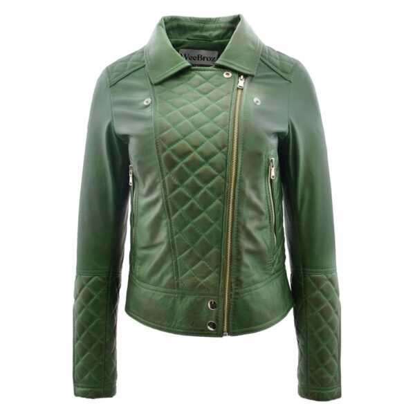 WeeBroz Women's Green Leather Biker Jacket Quilt Detail Style - Image 3