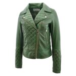 WeeBroz Women's Green Leather Biker Jacket Quilt Detail Style - Image 4