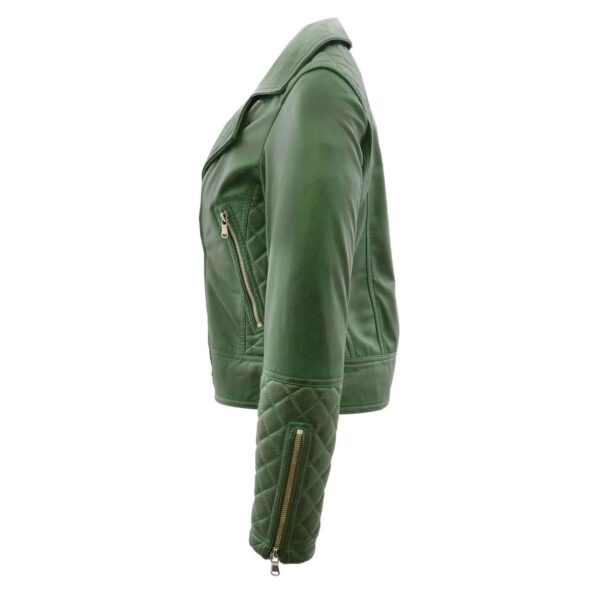 WeeBroz Women's Green Leather Biker Jacket Quilt Detail Style - Image 5