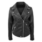 WeeBroz Women's Black Leather Biker Jacket Cross Zip Biker Style