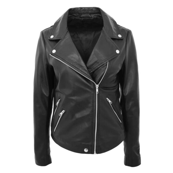 WeeBroz Women's Black Leather Biker Jacket Cross Zip Biker Style - Image 1