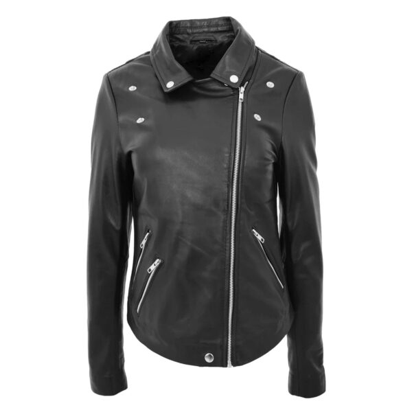 WeeBroz Women's Black Leather Biker Jacket Cross Zip Biker Style - Image 3