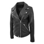WeeBroz Women's Black Leather Biker Jacket Cross Zip Biker Style - Image 5