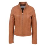 WeeBroz Women's Tan Leather Biker Jacket Standing Collar Style