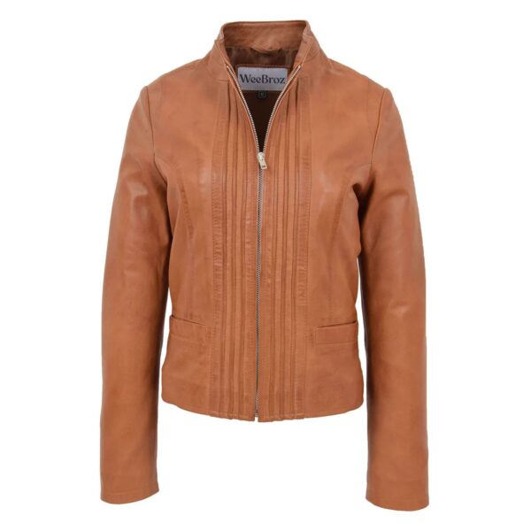 WeeBroz Women's Tan Leather Biker Jacket Standing Collar Style - Image 1