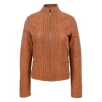 WeeBroz Women's Tan Leather Biker Jacket Standing Collar Style - Image 3