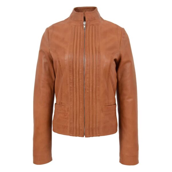 WeeBroz Women's Tan Leather Biker Jacket Standing Collar Style - Image 3