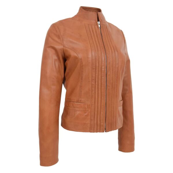 WeeBroz Women's Tan Leather Biker Jacket Standing Collar Style - Image 4