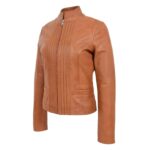 WeeBroz Women's Tan Leather Biker Jacket Standing Collar Style - Image 5