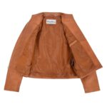 WeeBroz Women's Tan Leather Biker Jacket Standing Collar Style - Image 7