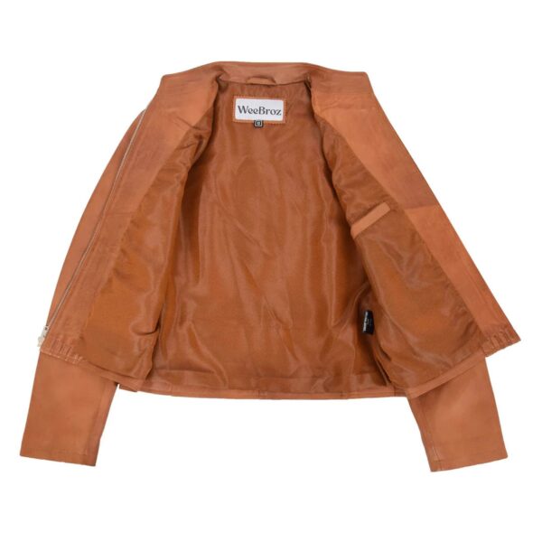 WeeBroz Women's Tan Leather Biker Jacket Standing Collar Style - Image 7