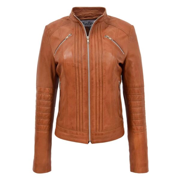 WeeBroz Women's Tan Leather Biker Jacket Classic Style - Image 1