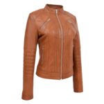 WeeBroz Women's Tan Leather Biker Jacket Classic Style - Image 3