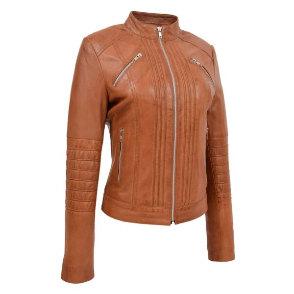 WeeBroz Women's Tan Leather Biker Jacket Classic Style - Image 3