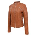 WeeBroz Women's Tan Leather Biker Jacket Classic Style - Image 4