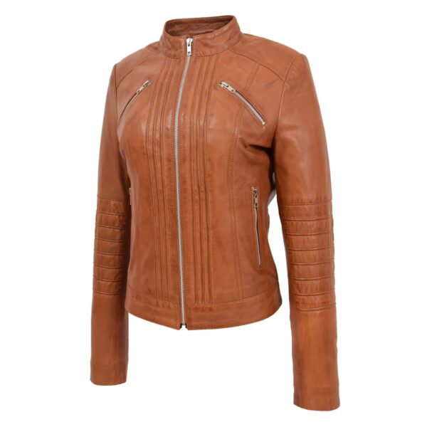 WeeBroz Women's Tan Leather Biker Jacket Classic Style - Image 4