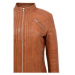 WeeBroz Women's Tan Leather Biker Jacket Classic Style - Image 6