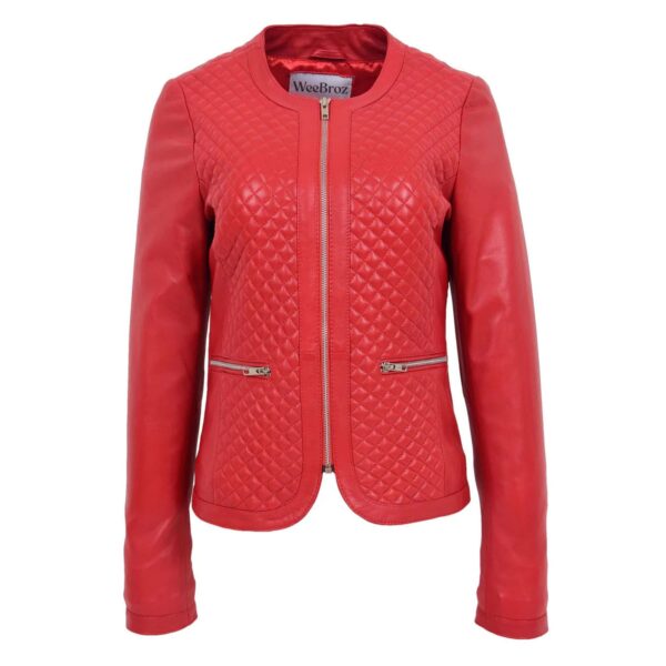 WeeBroz Women's Red Leather Biker Jacket Zipper Casual Style - Image 1
