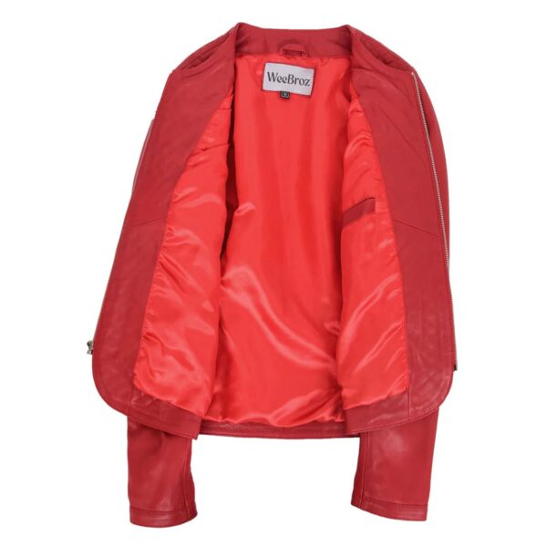 WeeBroz Women's Red Leather Biker Jacket Zipper Casual Style - Image 6